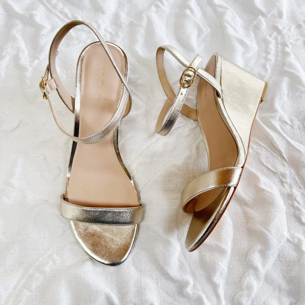 Stuart Weitzman Metallic Gold Wedge Sandals - Picture 2 of 9